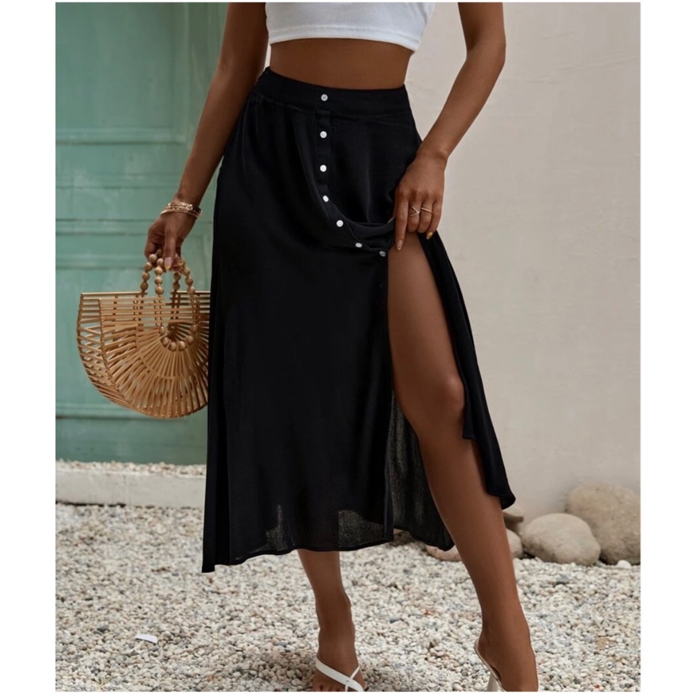 Boho Button up Work Office Casual Maxi Skirt - Picture 3 of 5